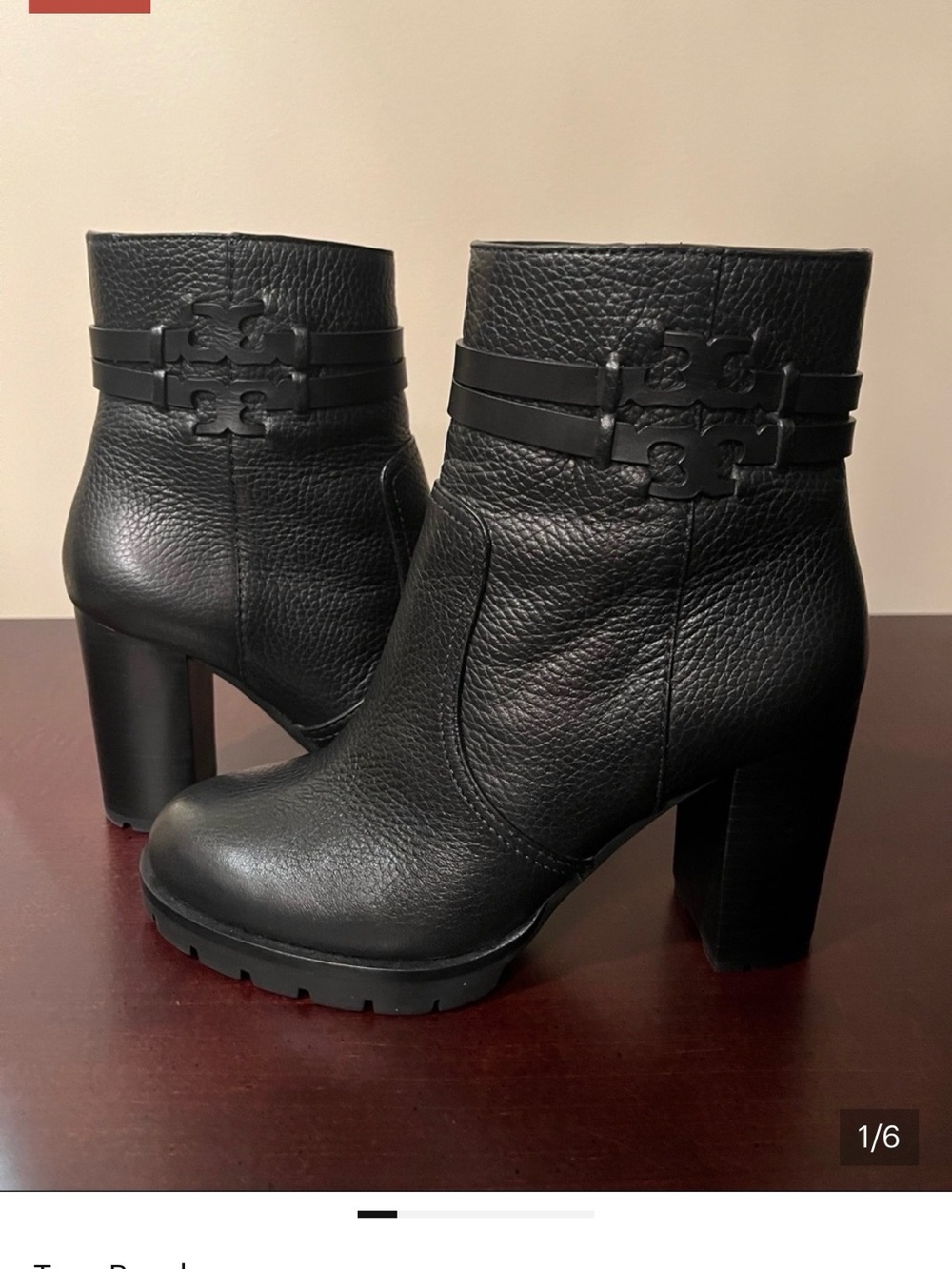 Tory Burch Black Leather Logo Strap Ankle Boots